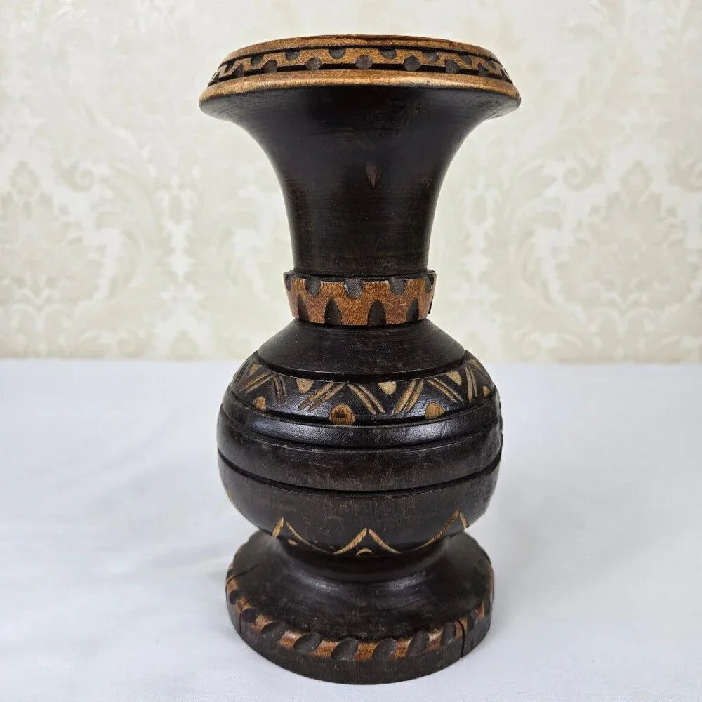 Vintage Handcarved Dark Wooden Footed Vase Folk Art Two Tone Brown